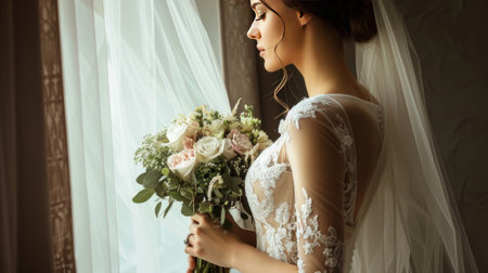 a bride in a white wedding dress, captured in a close-up image, with a delicate bouquet of flowers, standing by the window on her special dayの素材