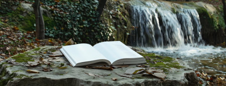 a white-covered magazine with blank pages open on a picnic table in a forest setting with a small waterfallの素材