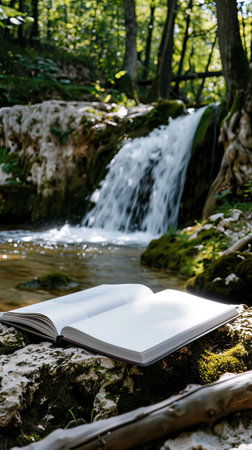 a white-covered magazine with blank pages open on a picnic table in a forest setting with a small waterfallの素材