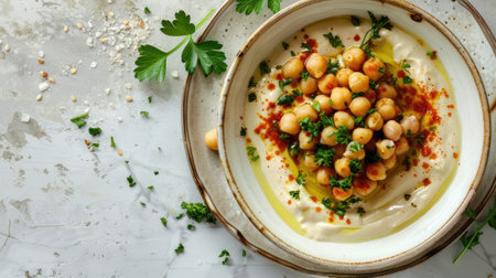 a musabaha dish adorned with chickpeas and tahini sauce, providing abundant room for textual contentの素材