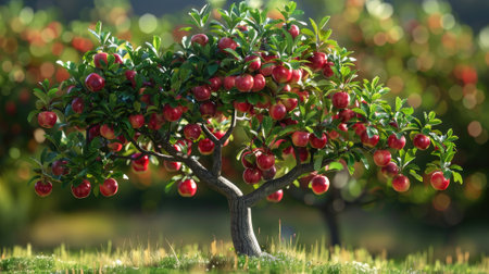 a shiny apple tree flourishing with ripe fruitの素材
