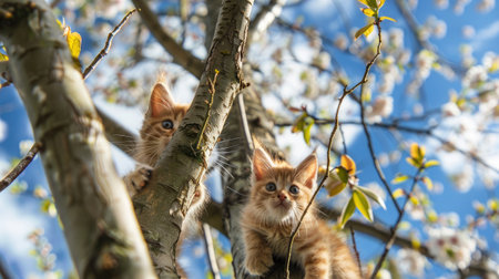 little kittens nestled on a tree, mimicking leaves against the backdrop of the sky in springの素材