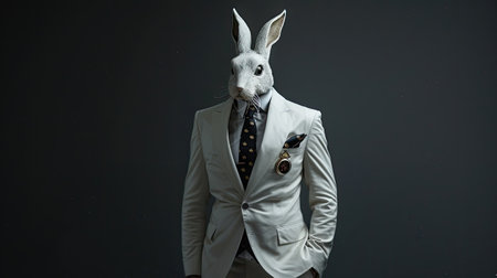 an elegantly dressed male donning a 3-piece white suit with coat tails, white shoes, and a white rabbit mask, a black necktie, in a heroic pose against a dark backgroundの素材