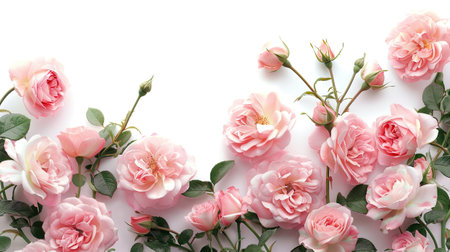 a pink rose flower against a white background, epitomizing the beauty of spring nature with ample empty space for textの素材