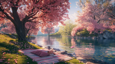 a picnic blanket spread along a canal in Japan during cherry blossom season, bathed in soft, warm sunlight, surrounded by cherry blossom trees in full bloomの素材