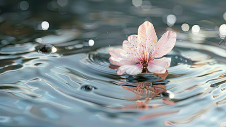 a peach cherry blossom against the backdrop of a water feature, harmonizing nature's delicate hues with the calming presence of flowing waterの素材