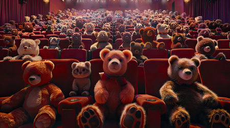 many of teddy bears, cats, or dogs filling a cinema, creating a whimsical and heartwarming scene that sparks joy and captures the imaginationの素材