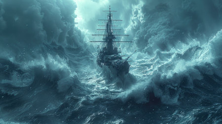 a warship navigating through rough waves and crashing waters, depicted in a wide-screen format with a dominant blue toneの素材