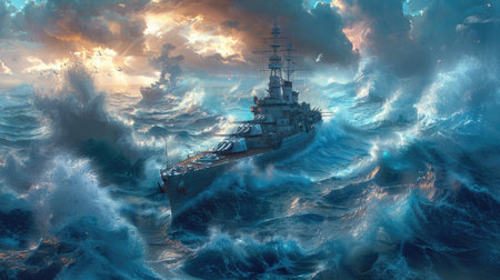 a warship navigating through rough waves and crashing waters, depicted in a wide-screen format with a dominant blue toneの素材