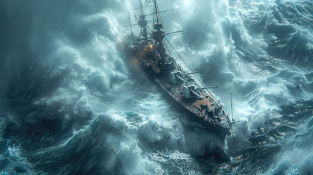 a warship navigating through rough waves and crashing waters, depicted in a wide-screen format with a dominant blue toneの素材