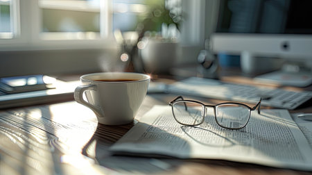 glasses resting on a newspaper atop a computer desk, accompanied by a cup of coffee or tea, and ample empty space for text or notesの素材
