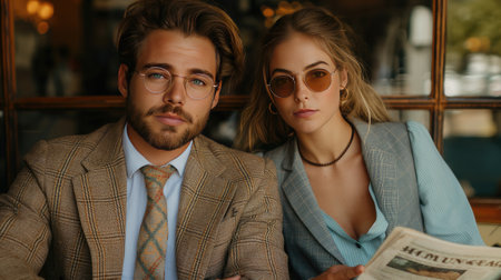 modern business life with realistic photos of two young professionals seated together: one engrossed in reading a newspaper, the other focused on their phoneの素材