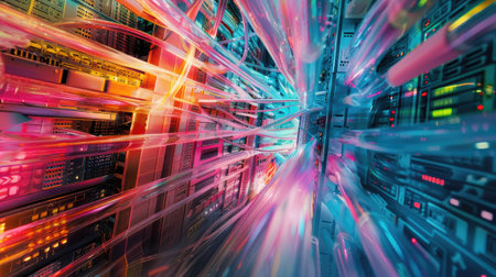 computer information technology networks, telecommunication Ethernet cables intricately connected to an internet switch, symbolizing the backbone of modern digital connectivityの素材