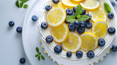 a delectable white cake adorned with slices of lemon, blueberries, and mint leaves, set against a pristine backdrop with ample space for text or messagesの素材