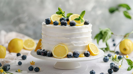 a delectable white cake adorned with slices of lemon, blueberries, and mint leaves, set against a pristine backdrop with ample space for text or messagesの素材