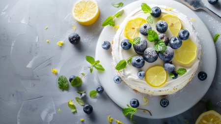 a delectable white cake adorned with slices of lemon, blueberries, and mint leaves, set against a pristine backdrop with ample space for text or messagesの素材