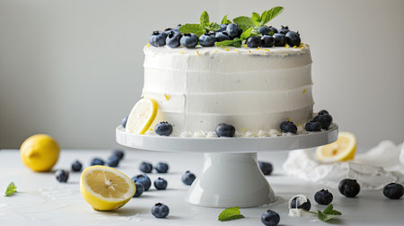 a delectable white cake adorned with slices of lemon, blueberries, and mint leaves, set against a pristine backdrop with ample space for text or messagesの素材