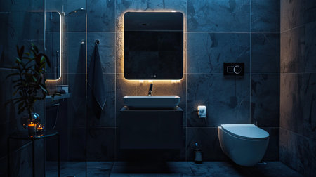 a compact luxury customer bathroom, featuring dark slate tiles, a refined vanity unit, and modern toilet, with an elegantly lit mirror exuding depth and opulenceの素材