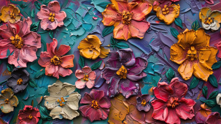 the textured layers and vibrant colors of a heavy impasto painting art piece featuring intricate flower relief sculptures against a seamless background SEAMLESS PATTERN.の素材
