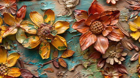 the textured layers and vibrant colors of a heavy impasto painting art piece featuring intricate flower relief sculptures against a seamless background SEAMLESS PATTERN.の素材