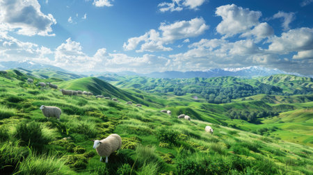 sheep grazing peacefully on lush green grass amidst the majestic mountains of New Zealand's North Islandの素材