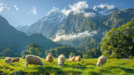 sheep grazing peacefully on lush green grass amidst the majestic mountains of New Zealand's North Islandの素材