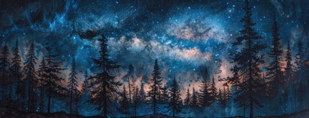 the Milky Way galaxy soaring above the silhouette of pine trees, merging the celestial and terrestrial realms into a single breathtaking panoramaの素材