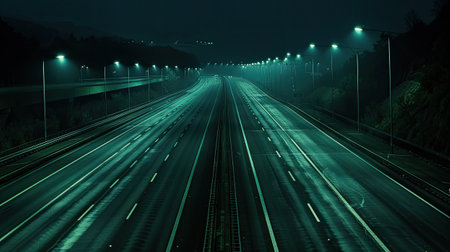 an empty freeway stretching into the darkness of the night, devoid of the usual hustle and bustleの素材
