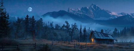 the Tatras veiled in haze, framed by dense forest and rural fields under the shimmering glow of a full moonlit night.の素材