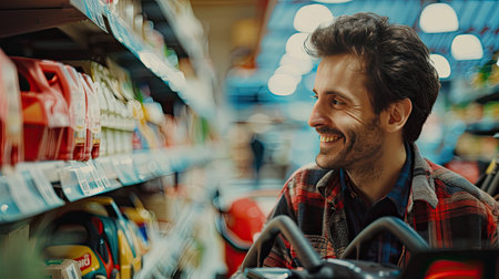 a man in a close-up shot as he purchases a lawn mower at an upscale department store, radiating satisfaction and contentmentの素材