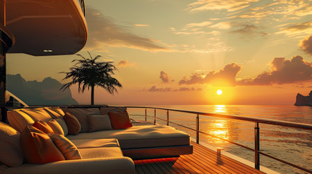 an uncovered sofa nestled on the aft deck of a superyacht, providing an unparalleled view of the Sea at sunrise, with the early morning sun casting a golden glow over the sereneの素材