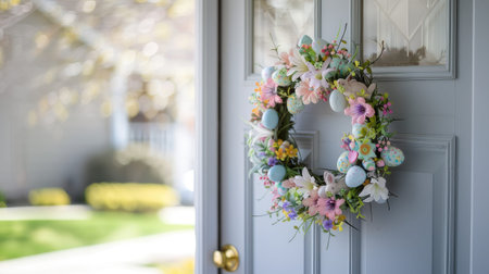 a porch adorned with a white front door, embellished with a Spring wreath featuring Easter motifs like eggs, flowers, and bunnies, against a backdrop of rich spring colorsの素材