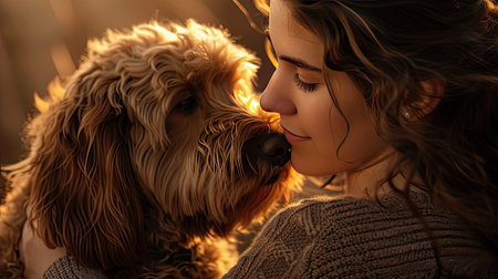a woman cuddling her Labradoodle, showcasing the deep connection and affection between them in a realistic portrayalの素材