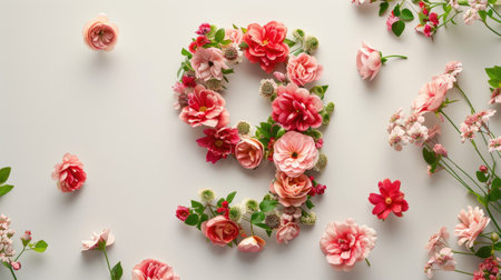 a vibrant flat lay composition featuring colorful flowers, leaves, and the number nine arranged in a layout, captured from a top-view perspective for an eye-catching displayの素材