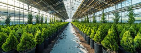a large greenhouse filled with numerous small green shrubs housed in black pots of thujas and boxwood, flourishing under the transparent glass roof on a radiant sunny dayの素材