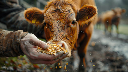 a farmer's hands feeding grain to cows inside a barn, the tactile interaction as a cow's mouth delicately takes the grain from the farmer's handの素材
