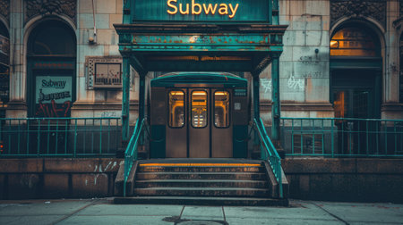 an empty subway station entrance, featuring green metal railings and a prominent Subway sign against a blank background, offering a clean and minimalist aestheticの素材