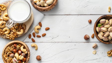 a bottle of milk, assorted nuts, and a half-cut coconut arranged on a pristine white wooden table against a clean and simple backdrop, accentuated with bright colorsの素材