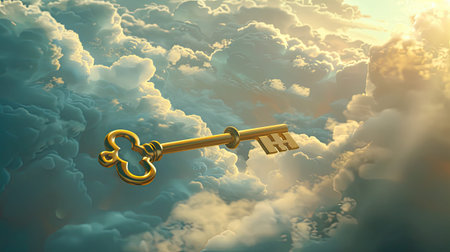 a golden divine key, suspended gracefully in the expanse of a serene blue and white sky, radiating an aura of mystique and spiritual significanceの素材