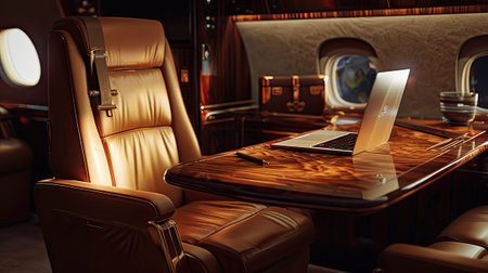 a private jet in stunning ultra-high resolution, featuring buttery soft tan leather seats and warm wood accents, with an open laptop elegantly placed on the table, epitomizing sophistication and comfortの素材