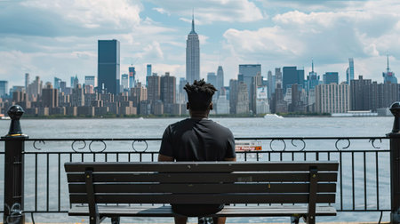 a young African American man as he sits on a bench, gazing at the majestic skyline, in a candid and heartfelt photography momentの素材