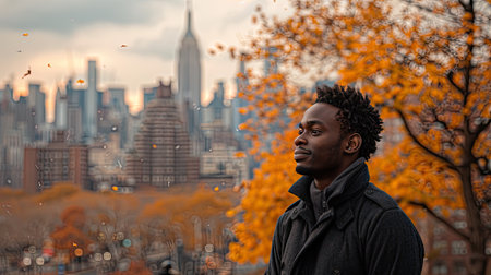 a young African American man as he sits on a bench, gazing at the majestic skyline, in a candid and heartfelt photography momentの素材