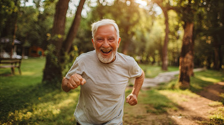 a senior man in a close-up shot, running happily amidst the serene beauty of a parkの素材