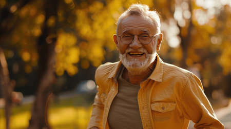 a senior man in a close-up shot, running happily amidst the serene beauty of a parkの素材
