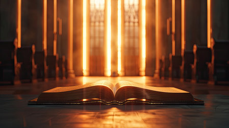 an open Holy Bible book in a church, bathed in glowing lights, evoking a profound sense of spirituality and reverenceの素材