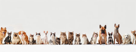 a large group of cats and dogs sitting together against a pristine white background in a panoramic photograph, offering high-resolution rendering without shadows or text.の素材
