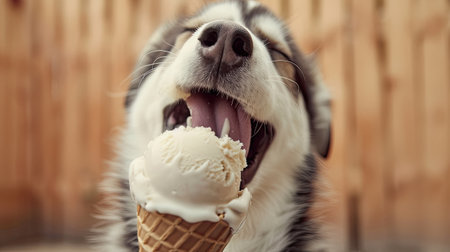 a dog's eyes as it savors a scoop of creamy ice cream on a hot summer dayの素材