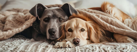 a dog and cat as they sit together under a blanket on a white carpet, embodying the concept of a loving pet home and care, evoking feelings of animal love and companionshipの素材