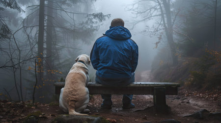 a man sits on a bench with his yellow Labrador retriever on a foggy day, gazing at a forest landscape from a mountain path, in blue jackets, offering a serene perspectiveの素材