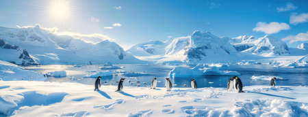 a group of penguins frolicking on the snow-covered ground against the backdrop of majestic blue mountains, tranquil waters dotted with floating icebergs, and the radiant sun shining brightlの素材
